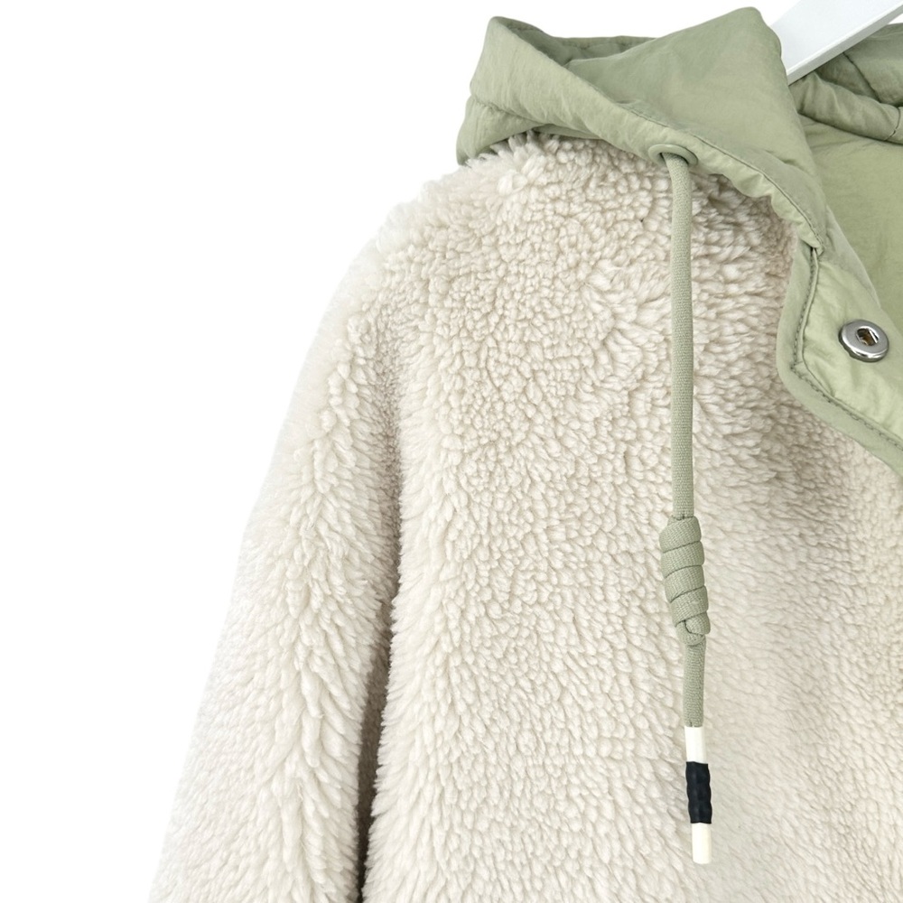 Zara Padded Cream White & Green Hooded Sherpa Fleece Button Up Jacket sz S - Picture 5 of 9
